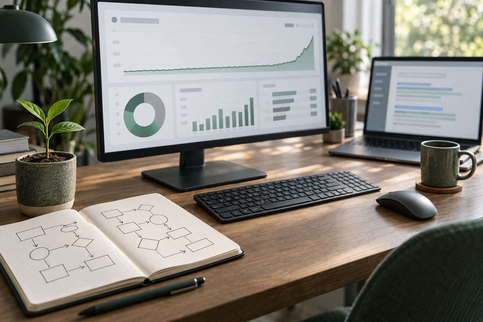 Bureau de développeur avec un écran de statistiques de trafic encore plates et un carnet où une courbe commence à remonter