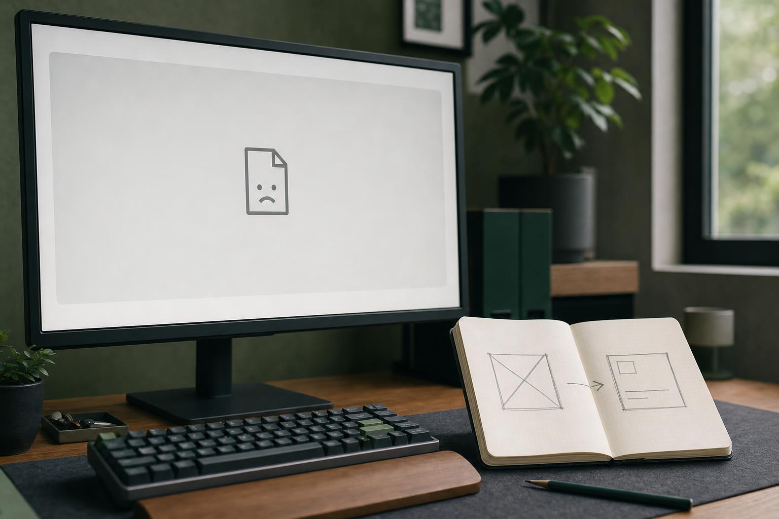 Écran d'ordinateur affichant une page introuvable à côté d'un carnet et d'un crayon sur un bureau de développeur