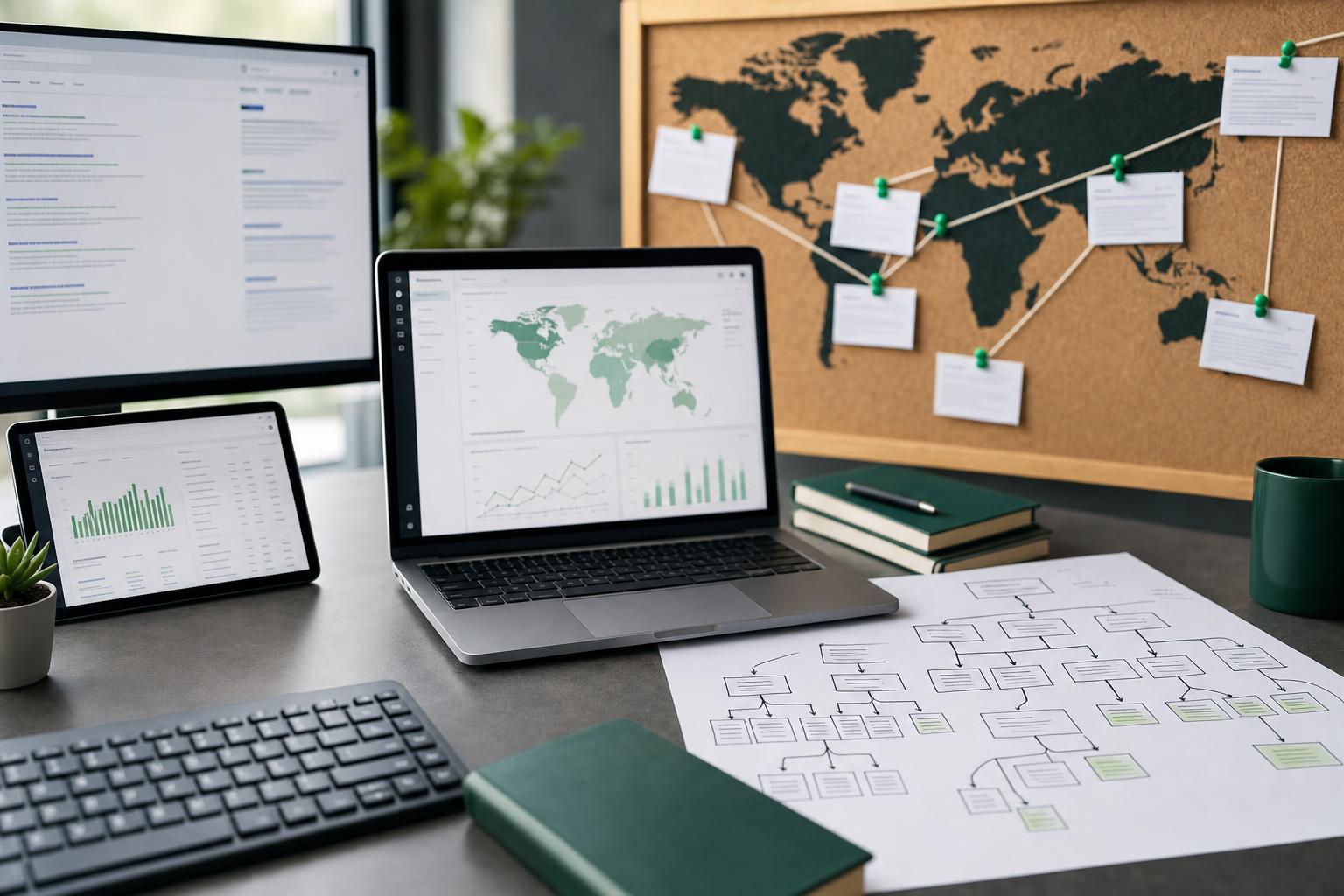 Ordinateur portable affichant une carte du monde et des schémas de structure de site multilingue sur un bureau